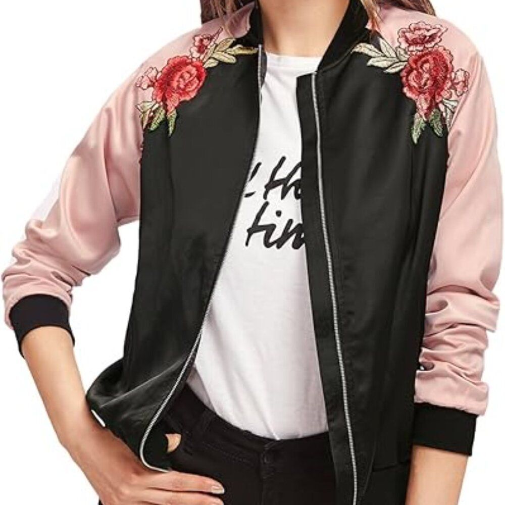 Floerns Embroidered Floral Long Sleeve Zip-Up Bomber Jacket Black/Pink Women's L